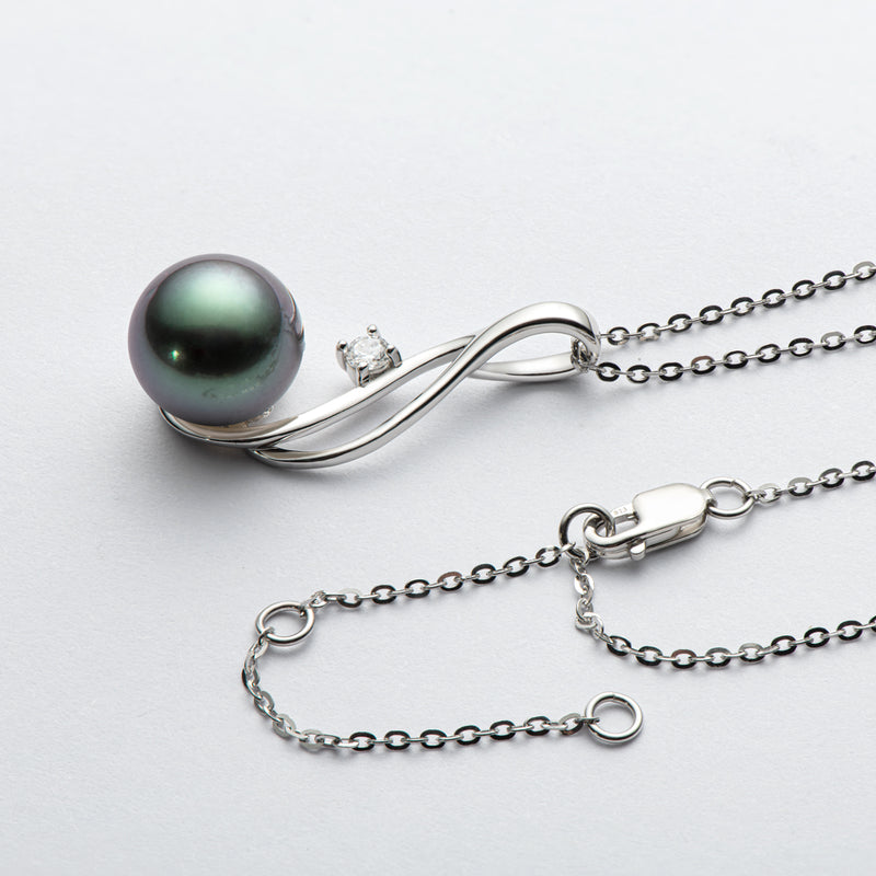 Sterling silver 10mm Tahitian Black Pearl Pendant Moissanite Necklace