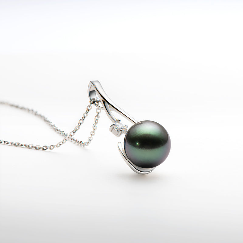 Sterling silver 10mm Tahitian Black Pearl Pendant Moissanite Necklace