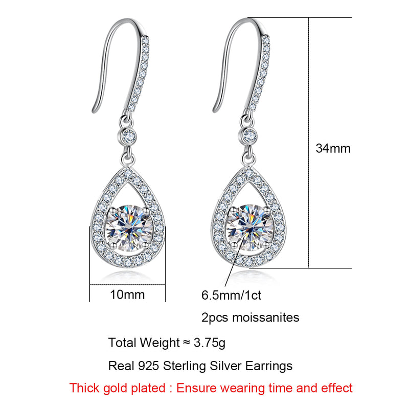 2.0CTTW D Color Moissanite Drop Earrings 925 Sterling Silve Hook Earrings