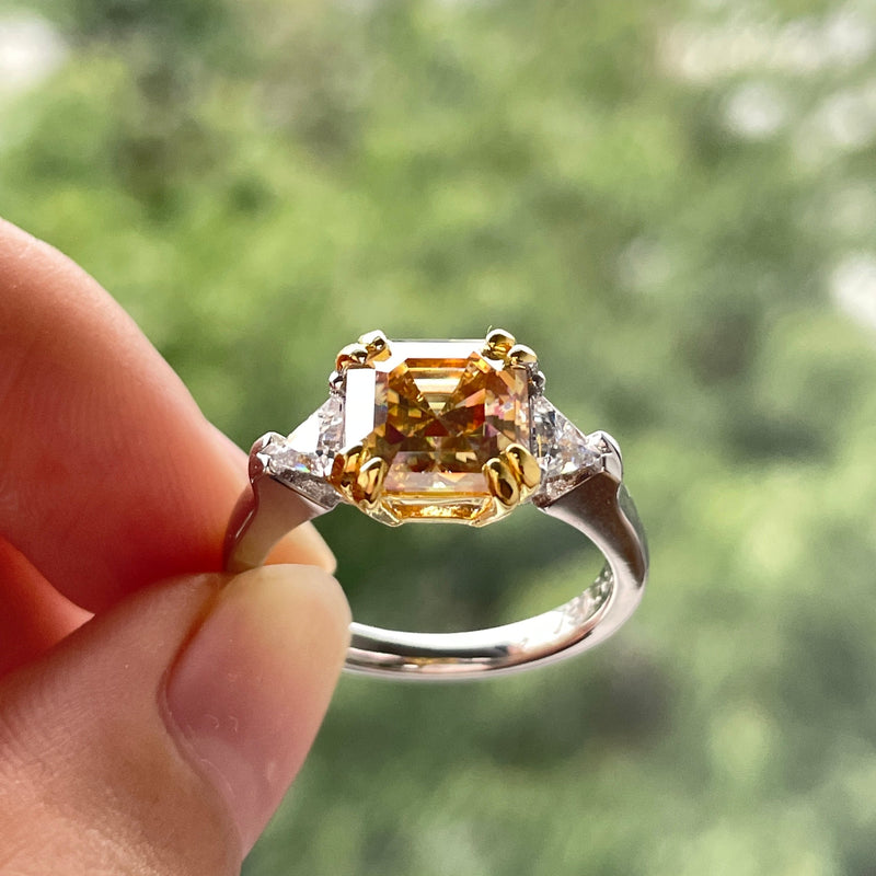 3.0CTTW D Color Asscher Cut Yellow Color Moissanite 925 Sterling Silver 3-Stone Ring