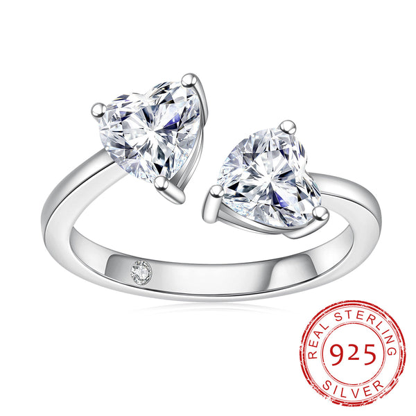 2.0CTTW D Color Heart Shape Moissanite Two Stone Ring 925 Sterling Silver Rings