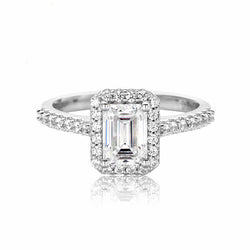 1.0CTTW D color Emerald Cut Moissanite Halo Engagement Ring 925 Sterling Silver Rings