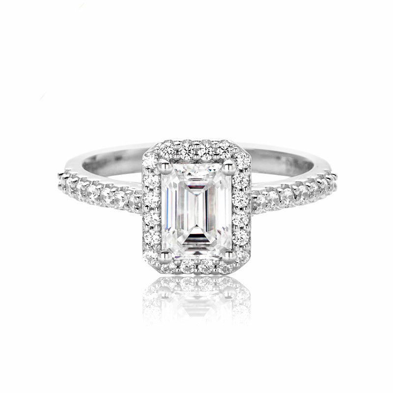 1.0CTTW D color Emerald Cut Moissanite Halo Engagement Ring 925 Sterling Silver Rings