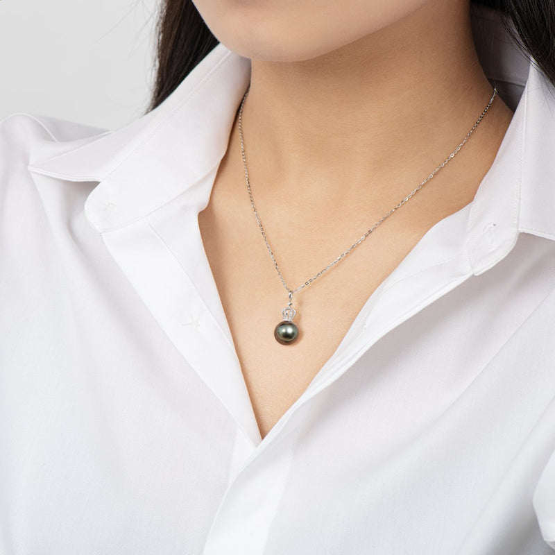 Princess Crown 10mm Black Tahitian Southsea Cultured Pearl Pendant Necklace