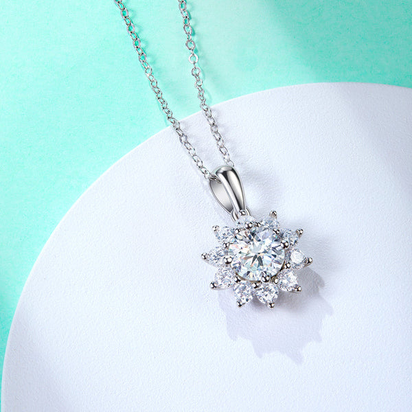 1.0CTTW D Color Moissanite Sunflower Pendant  925 Sterling Silver 40+2+3cm Necklace