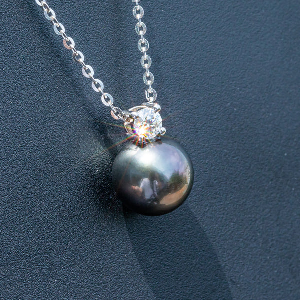 9-10mm Natural Tahitian Black Pearl 0.3ct Moissanite Diamond Necklace 925 Sterling Silver Necklace