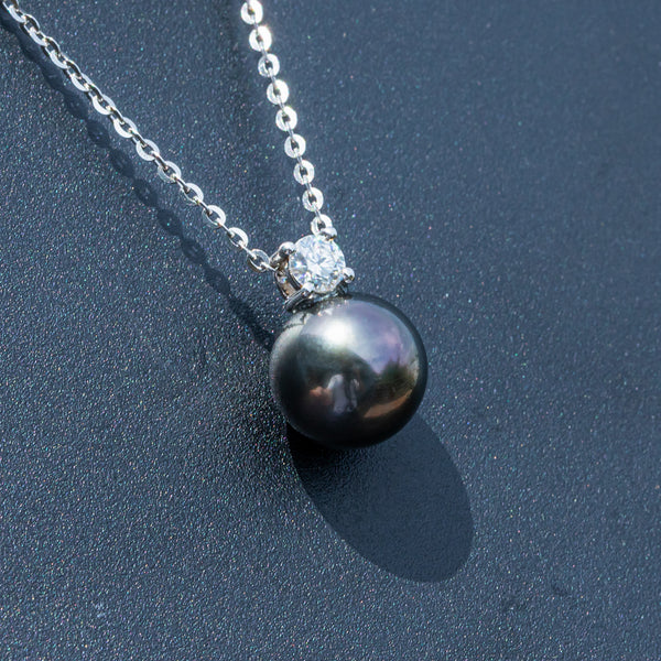 9-10mm Natural Tahitian Black Pearl 0.3ct Moissanite Diamond Necklace 925 Sterling Silver Necklace