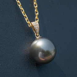 18K Gold Diamonds Pendant 10-11mm Natural Tahitian Black Pearl Seawater Pendant With 45cm Silver Chain Gift