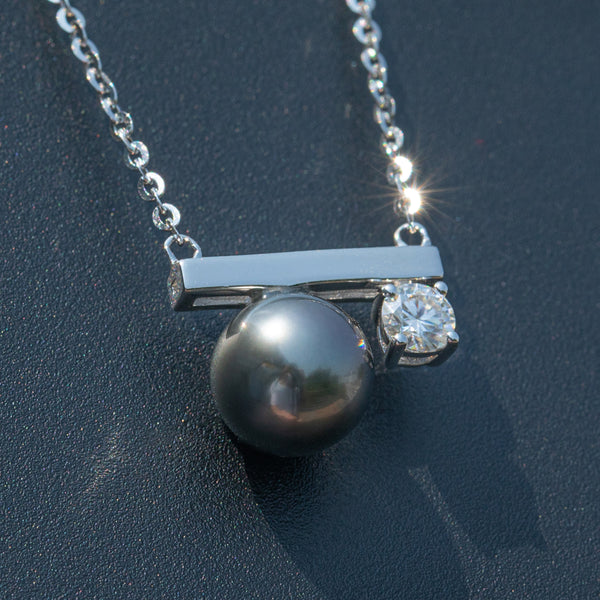 9-10mm Natural Tahitian Black Pearl 0.3 Carat Moissanite Diamond Necklace 925 Sterling Silver Necklace