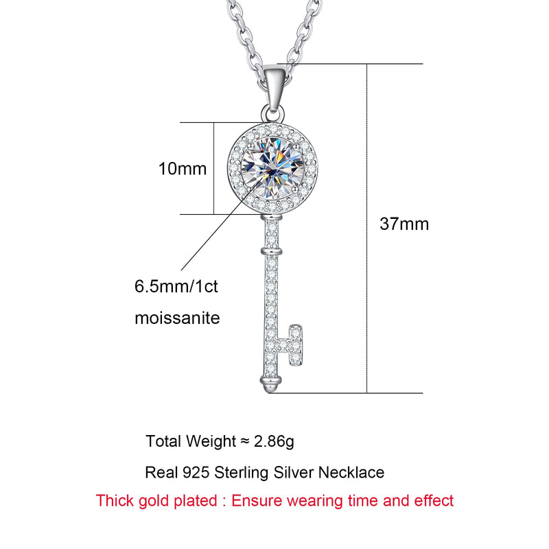 1.0CTTW D Color Moissanite Key Pendant Necklace 925 Sterling Silver Necklace
