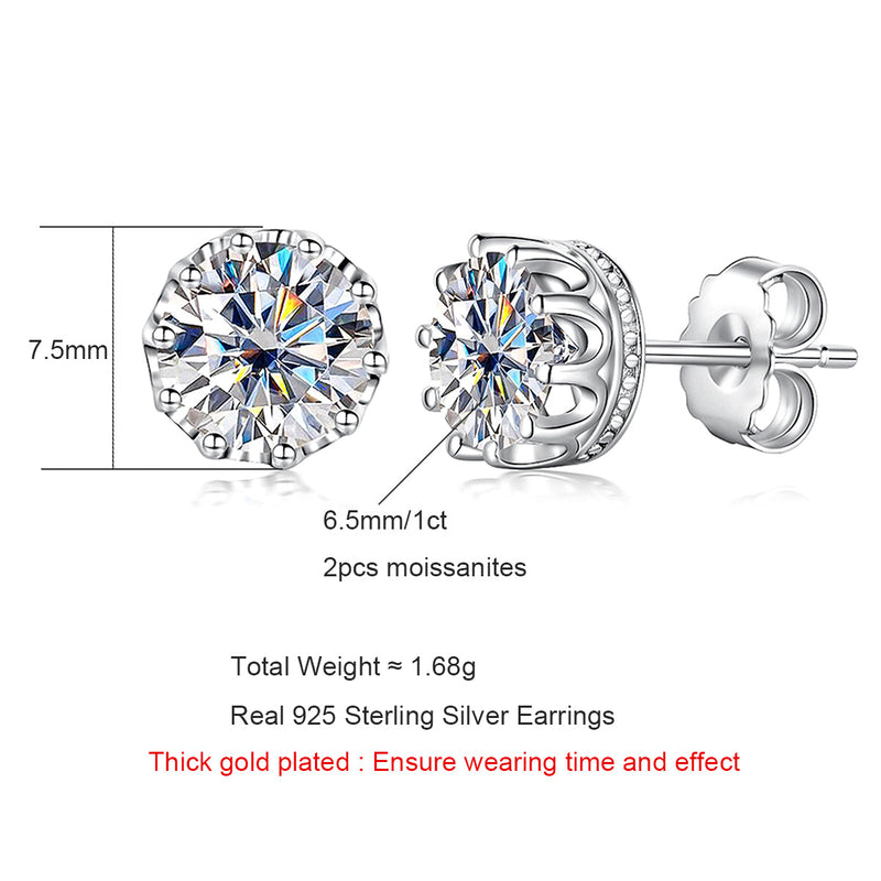 2.0CTTW D Color Moissanite Earrings Crown 925 Sterling Silver Stud Earrings